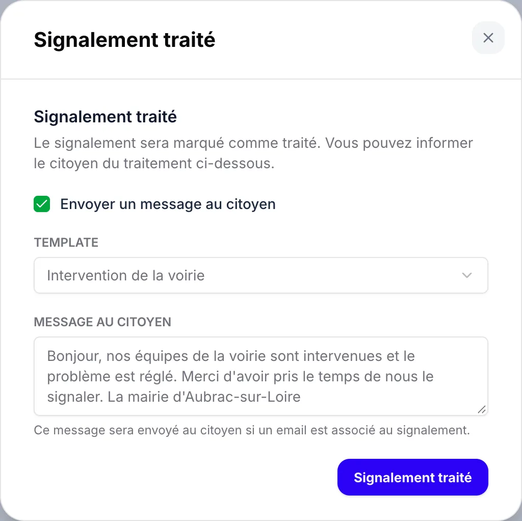 Un modèle choisi dans la fenêtre « Signalement traité »