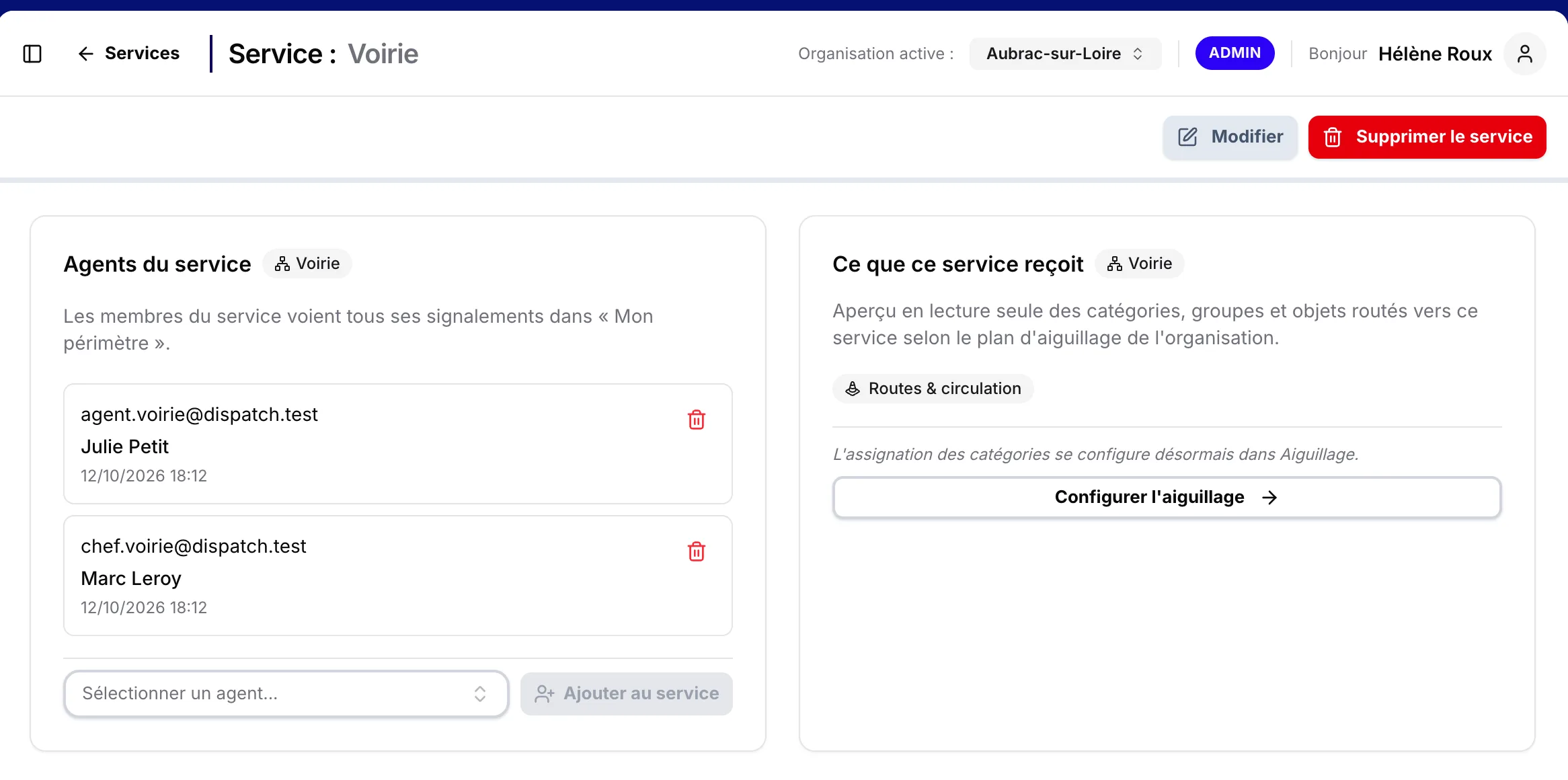 La page d'un service