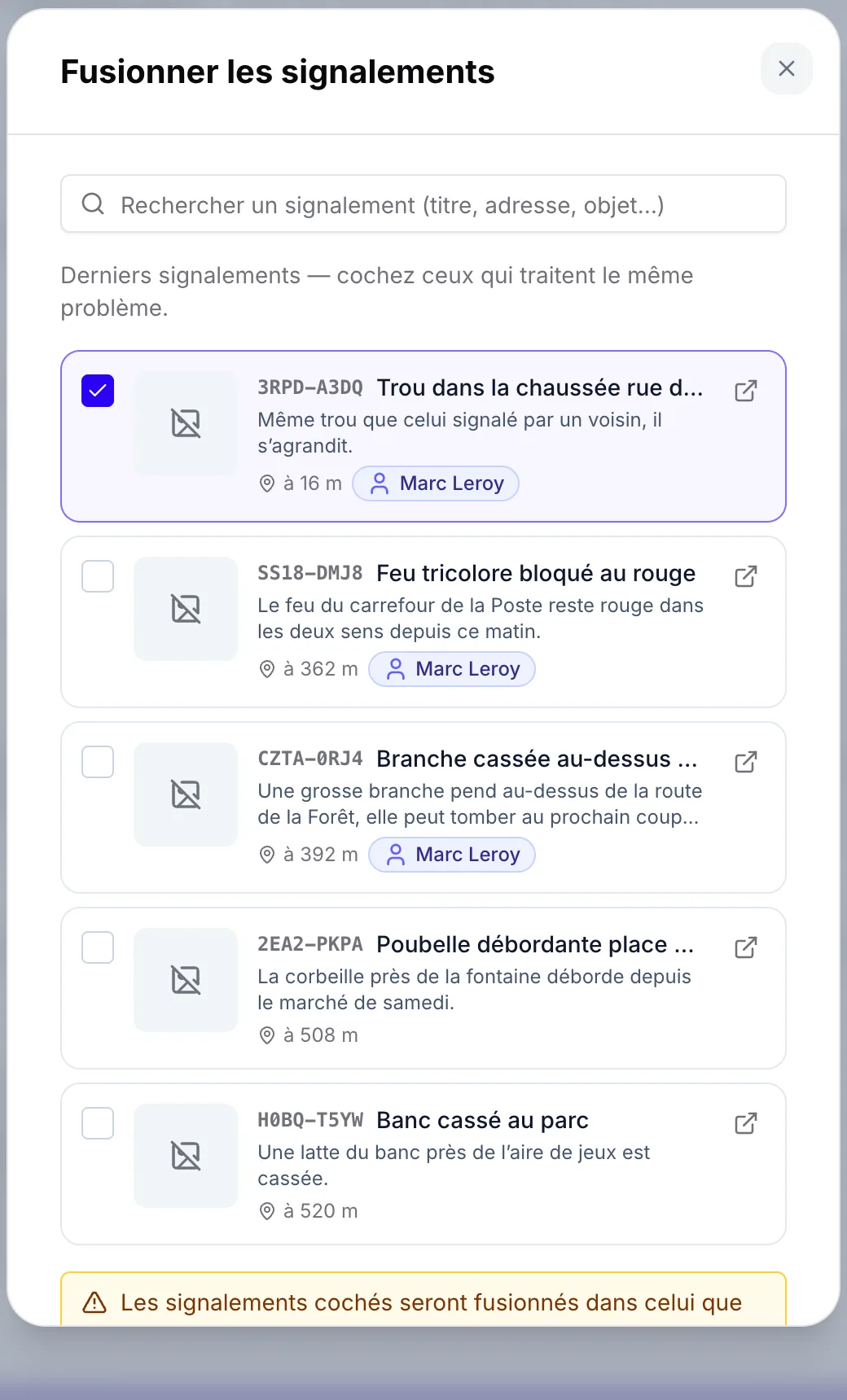 La fenêtre « Fusionner les signalements »
