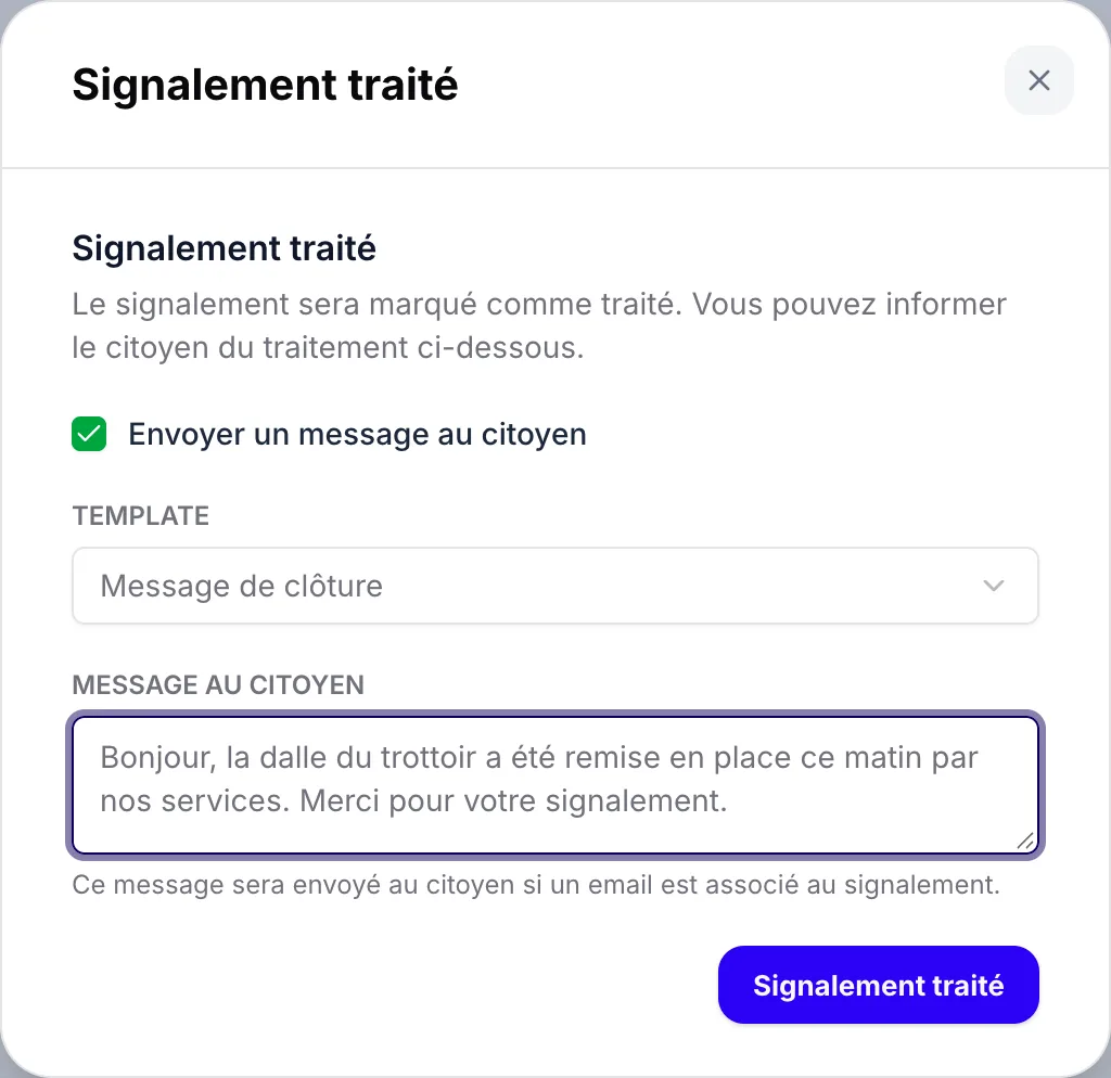 La fenêtre « Signalement traité »