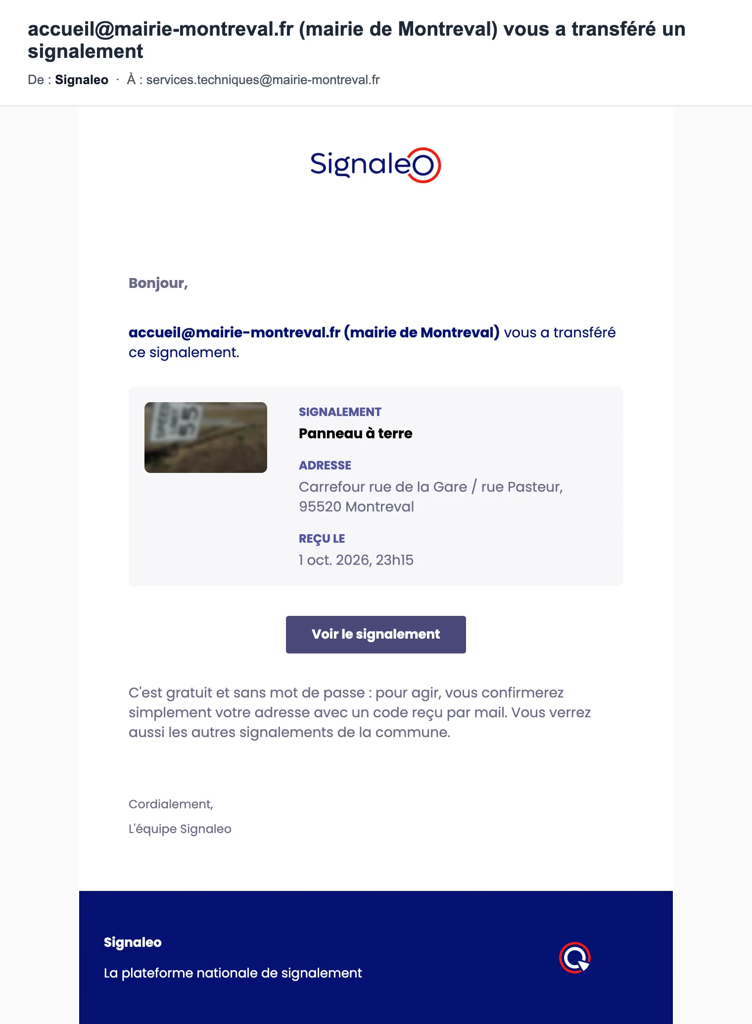 Le mail reçu par la personne