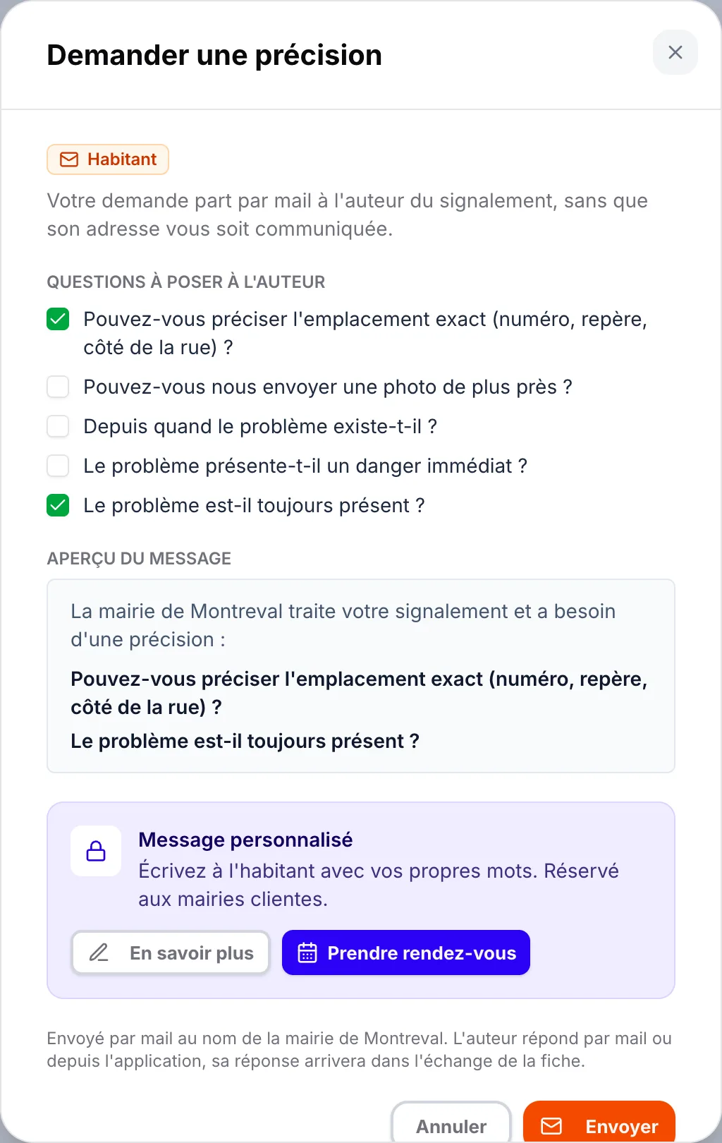 La fenêtre « Demander une précision »
