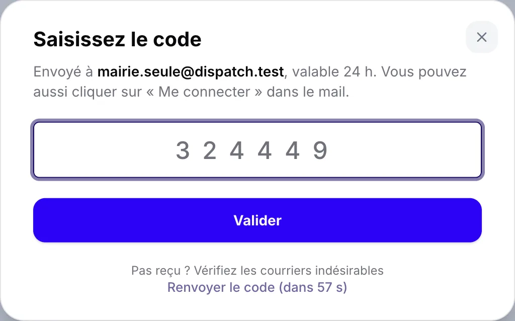 La fenêtre « Saisissez le code »