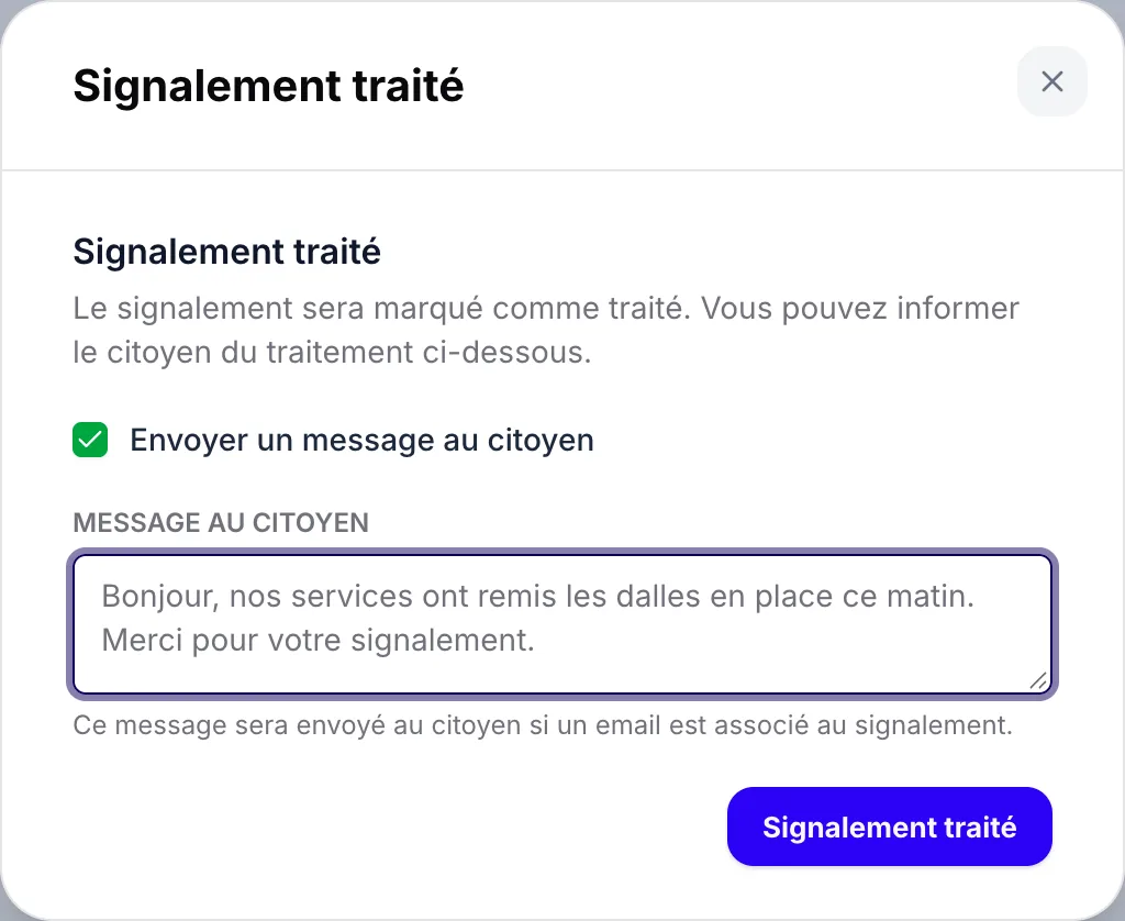 La fenêtre « Signalement traité »