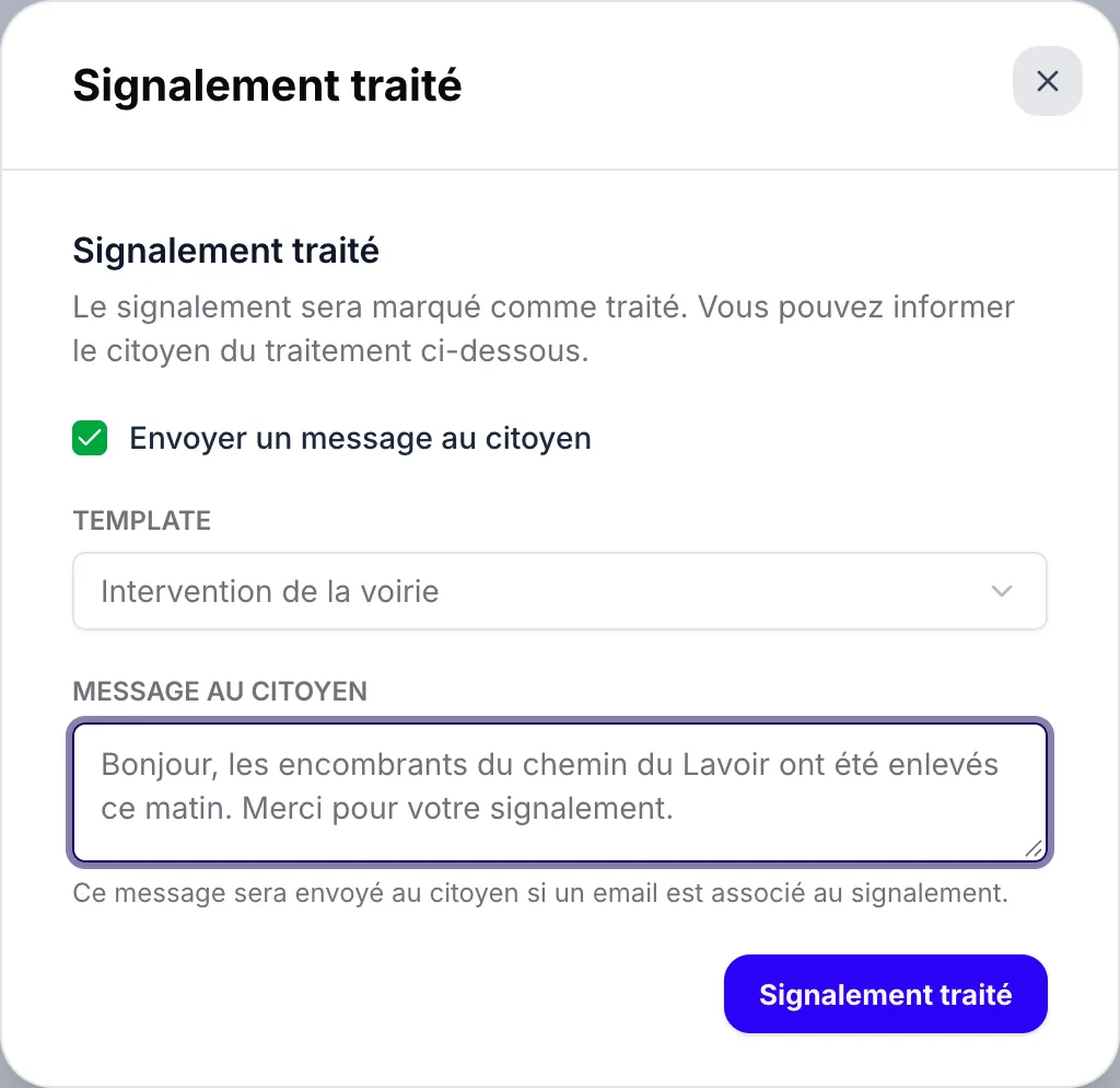 La fenêtre « Signalement traité »